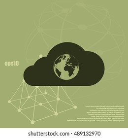 Flat paper cut style icon of a cloud with globe inside. Vector illustration
