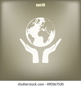 Flat paper cut style icon of two hands holding Earth. Vector illustration