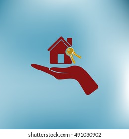 Flat paper cut style icon of home and keys. Vector illustration