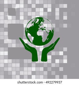 Flat paper cut style icon of two hands holding Earth. Vector illustration