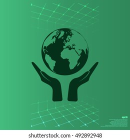 Flat paper cut style icon of two hands holding Earth. Vector illustration