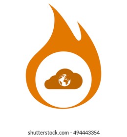 Flat paper cut style icon of a cloud with globe inside. Vector illustration