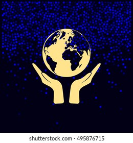 Flat paper cut style icon of two hands holding Earth. Vector illustration