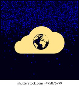 Flat paper cut style icon of a cloud with globe inside. Vector illustration