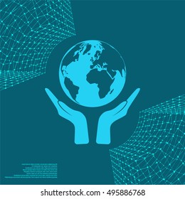 Flat paper cut style icon of two hands holding Earth. Vector illustration