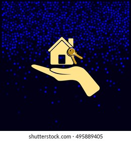 Flat paper cut style icon of home and keys. Vector illustration