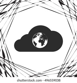 Flat paper cut style icon of a cloud with globe inside. Vector illustration