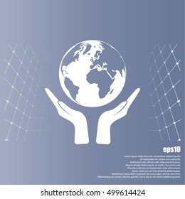 Flat paper cut style icon of two hands holding Earth. Vector illustration