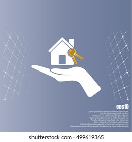 Flat paper cut style icon of home and keys. Vector illustration