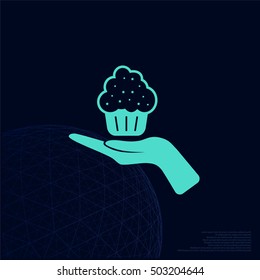 Flat paper cut style icon of cake. Vector illustration