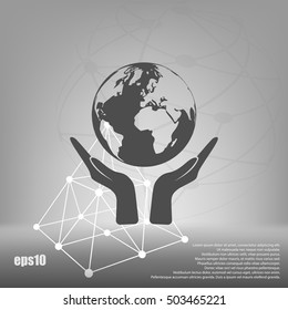Flat paper cut style icon of two hands holding Earth. Vector illustration
