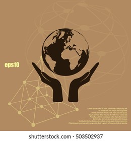 Flat paper cut style icon of two hands holding Earth. Vector illustration