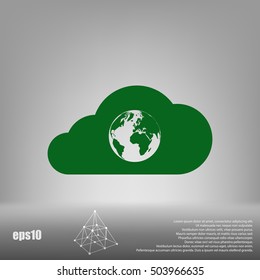 Flat paper cut style icon of a cloud with globe inside. Vector illustration