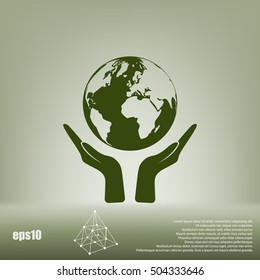 Flat paper cut style icon of two hands holding Earth. Vector illustration