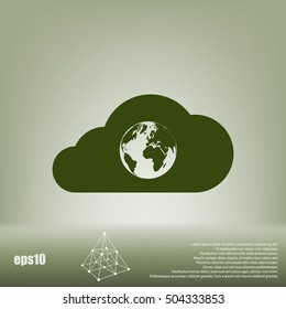 Flat paper cut style icon of a cloud with globe inside. Vector illustration