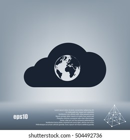 Flat paper cut style icon of a cloud with globe inside. Vector illustration