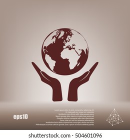 Flat paper cut style icon of two hands holding Earth. Vector illustration