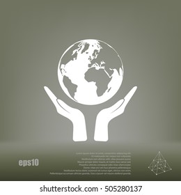 Flat paper cut style icon of two hands holding Earth. Vector illustration