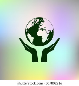 Flat paper cut style icon of two hands holding Earth. Vector illustration