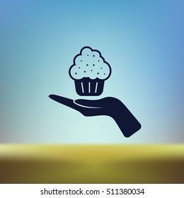 Flat paper cut style icon of cake. Vector illustration