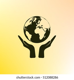 Flat paper cut style icon of two hands holding Earth. Vector illustration