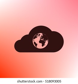 Flat paper cut style icon of a cloud with globe inside. Vector illustration