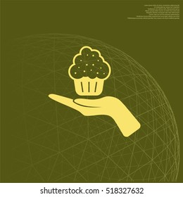 Flat paper cut style icon of cake. Vector illustration