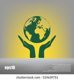 Flat Paper Cut Style Icon Of Two Hands Holding Earth. Vector Illustration