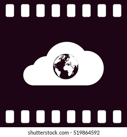 Flat paper cut style icon of a cloud with globe inside. Vector illustration