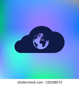 Flat paper cut style icon of a cloud with globe inside. Vector illustration