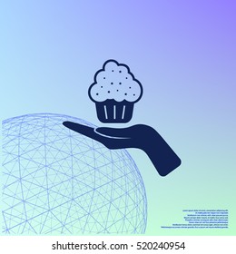 Flat paper cut style icon of cake. Vector illustration