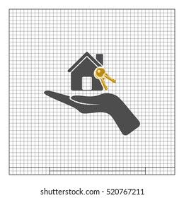 Flat paper cut style icon of home and keys. Vector illustration