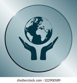 Flat paper cut style icon of two hands holding Earth. Vector illustration