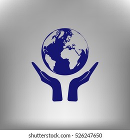 Flat paper cut style icon of two hands holding Earth. Vector illustration