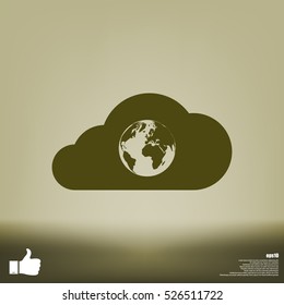 Flat paper cut style icon of a cloud with globe inside. Vector illustration