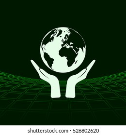 Flat paper cut style icon of two hands holding Earth. Vector illustration