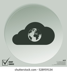 Flat paper cut style icon of a cloud with globe inside. Vector illustration