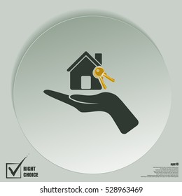 Flat paper cut style icon of home and keys. Vector illustration