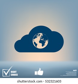 Flat paper cut style icon of a cloud with globe inside. Vector illustration