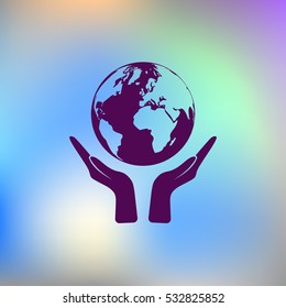 Flat paper cut style icon of two hands holding Earth. Vector illustration