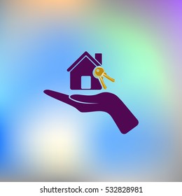 Flat paper cut style icon of home and keys. Vector illustration