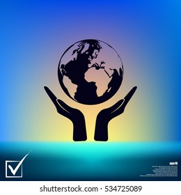 Flat paper cut style icon of two hands holding Earth. Vector illustration