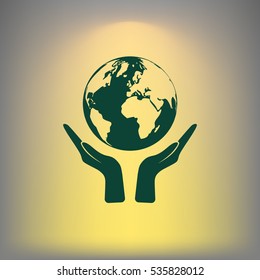 Flat paper cut style icon of two hands holding Earth. Vector illustration