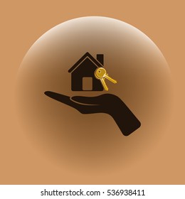 Flat paper cut style icon of home and keys. Vector illustration