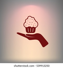 Flat paper cut style icon of cake. Vector illustration