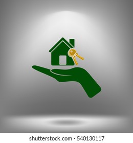 Flat paper cut style icon of home and keys. Vector illustration