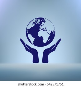 Flat paper cut style icon of two hands holding Earth. Vector illustration