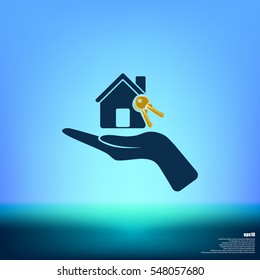 Flat paper cut style icon of home and keys. Vector illustration