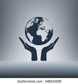 Flat Paper Cut Style Icon Of Two Hands Holding Earth. Vector Illustration