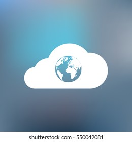 Flat paper cut style icon of a cloud with globe inside. Vector illustration